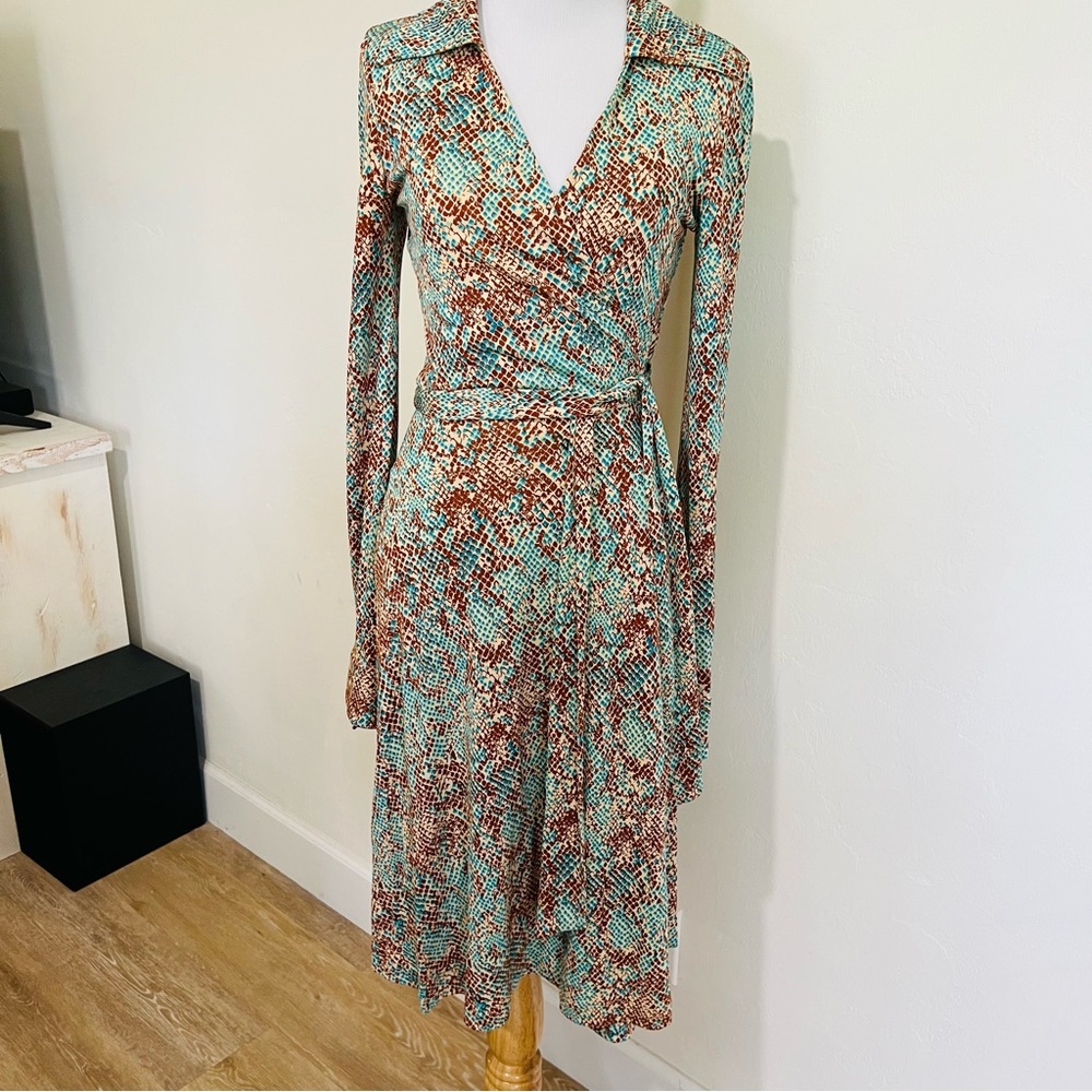 Diane Von Furstenburg silk snake print wrap long sleeve dress